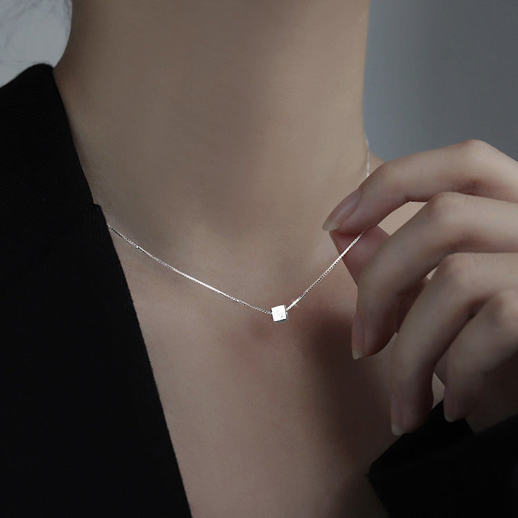 S925 Sterling Silver Small Square Sugar Necklace Women&#039;s Light Luxury Niche Geometric Brushed Square Clavicle Chain All-match Jewelry Summer