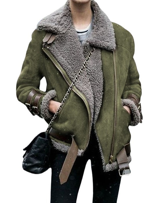Spot Ebay Amazon Wish Motorcycle Deerskin Velvet Lamb Coat Women&#039;s Lapel Fur Cotton Coat
