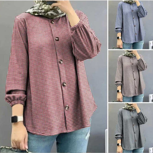 New Women&#039;s Plaid Print Puff Sleeve Button Shirt Casual Vintage Top FD 87434533