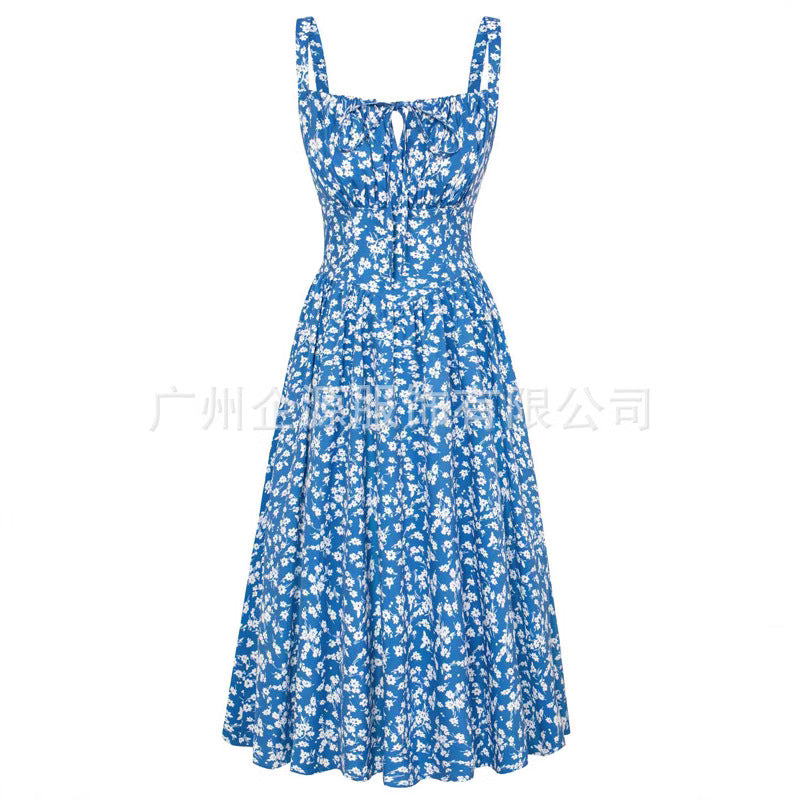 Summer New Sling Printed Dress Waist Mid-length Dress Party Dress Women