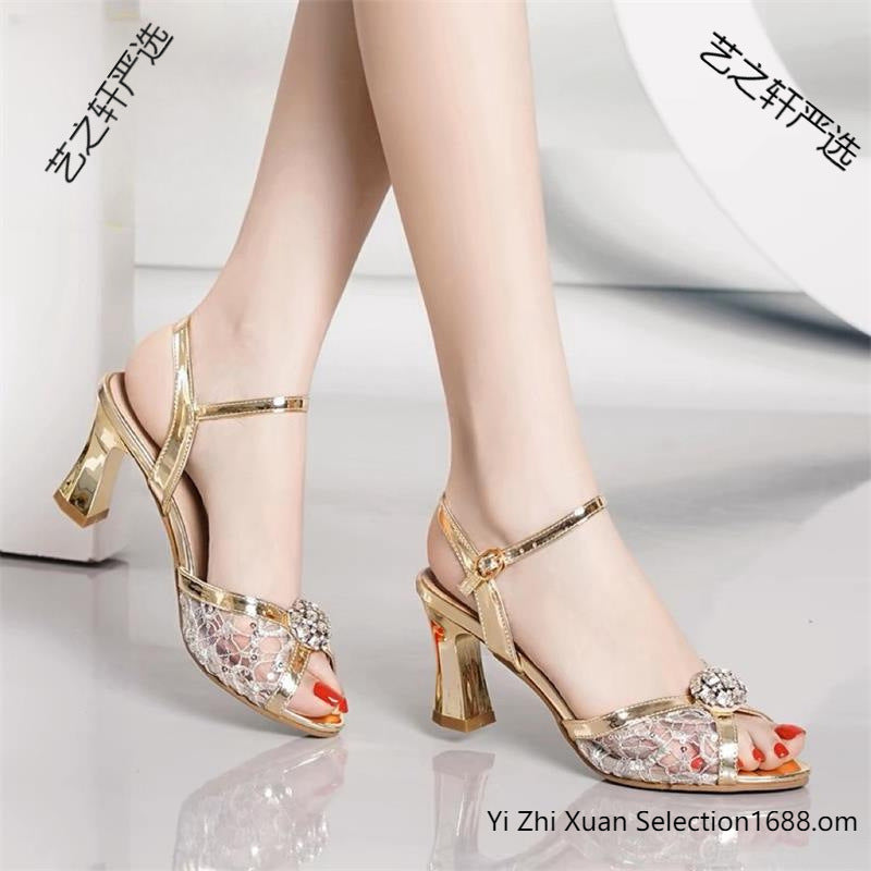 Fish Mouth High Heel Sandals Summer New Korean Style Rhinestone Flower Sequin Hollow Thick Heel Buckle Fashion