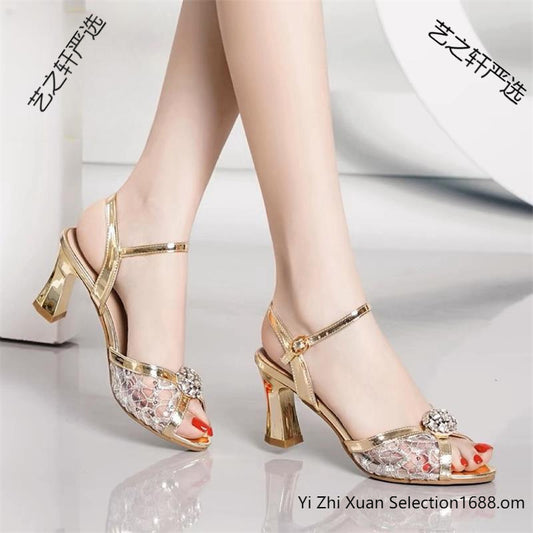 Fish Mouth High Heel Sandals Summer New Korean Style Rhinestone Flower Sequin Hollow Thick Heel Buckle Fashion