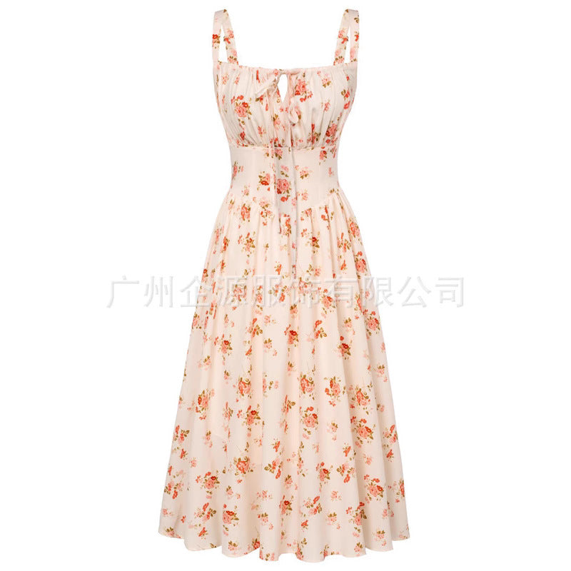 Summer New Sling Printed Dress Waist Mid-length Dress Party Dress Women