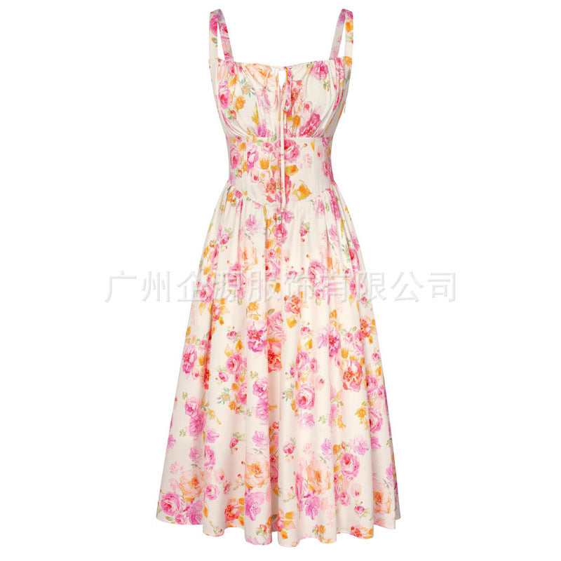 Summer New Sling Printed Dress Waist Mid-length Dress Party Dress Women