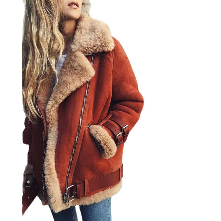 Spot Ebay Amazon Wish Motorcycle Deerskin Velvet Lamb Coat Women&#039;s Lapel Fur Cotton Coat