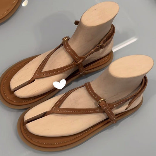 Sheepskin Version ~ Miu Series 2025 New Summer Age-Reducing Internet Celebrity Thong Strap Flats Sandals Casual Style Women&#039;s Shoes