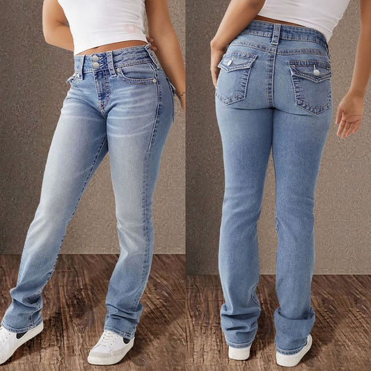 Spring Festival New Double Button Mid-waist Straight Jeans Women&#039;s Slim-fit Elegant Pants
