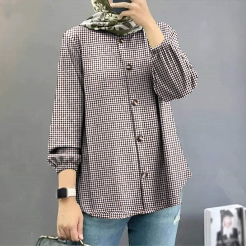New Women&#039;s Plaid Print Puff Sleeve Button Shirt Casual Vintage Top FD 87434533