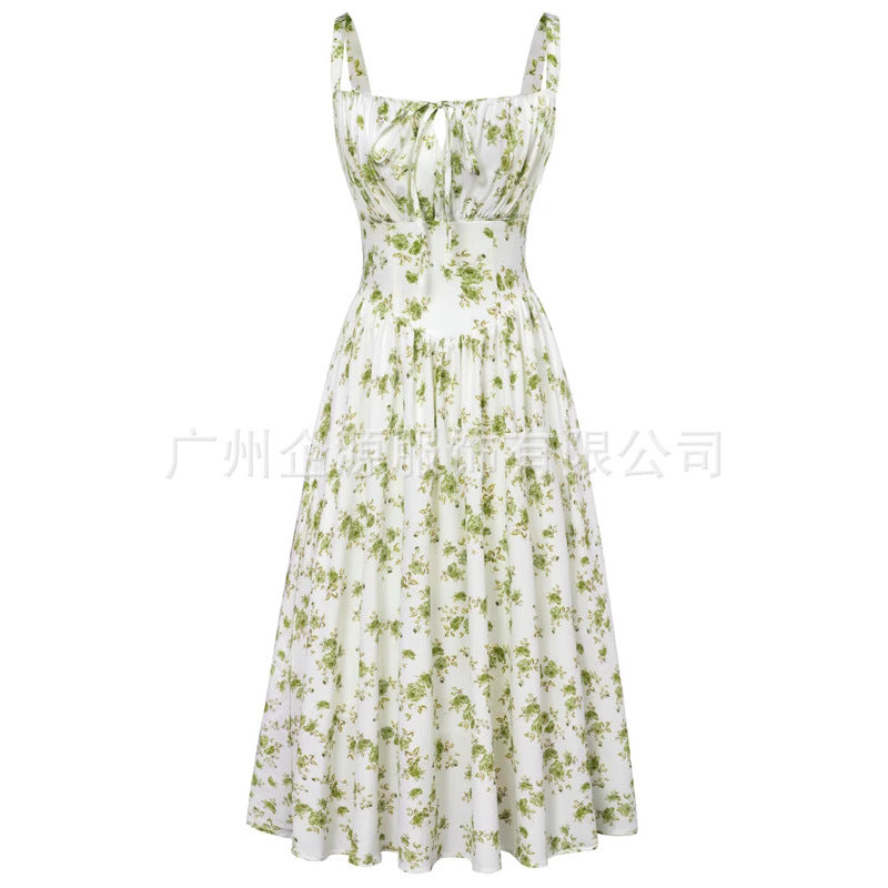 Summer New Sling Printed Dress Waist Mid-length Dress Party Dress Women