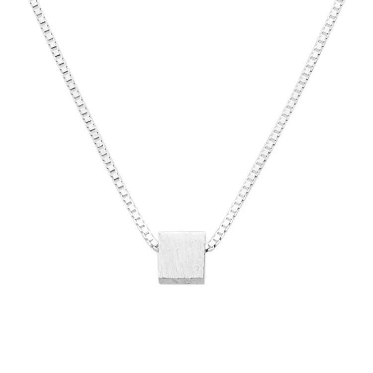 S925 Sterling Silver Small Square Sugar Necklace Women&#039;s Light Luxury Niche Geometric Brushed Square Clavicle Chain All-match Jewelry Summer