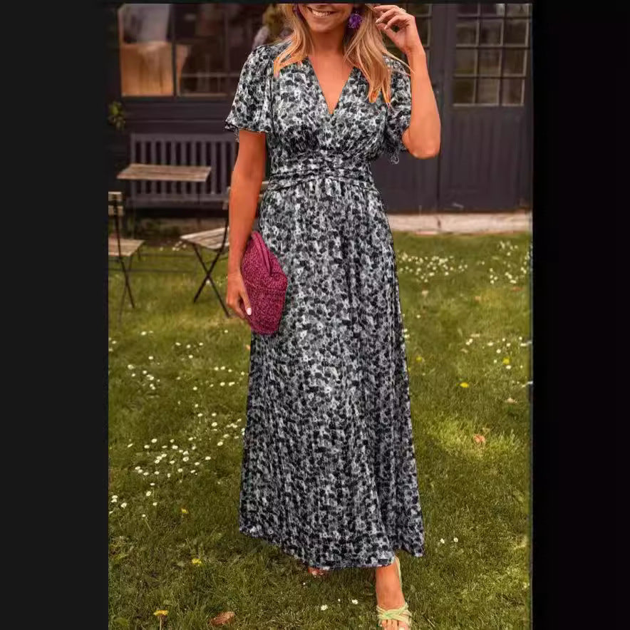 Women&#039;s Elegant Printed Waist V Neck Dress Long Skirt