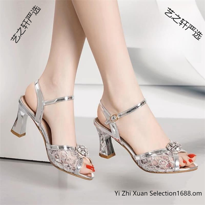 Fish Mouth High Heel Sandals Summer New Korean Style Rhinestone Flower Sequin Hollow Thick Heel Buckle Fashion