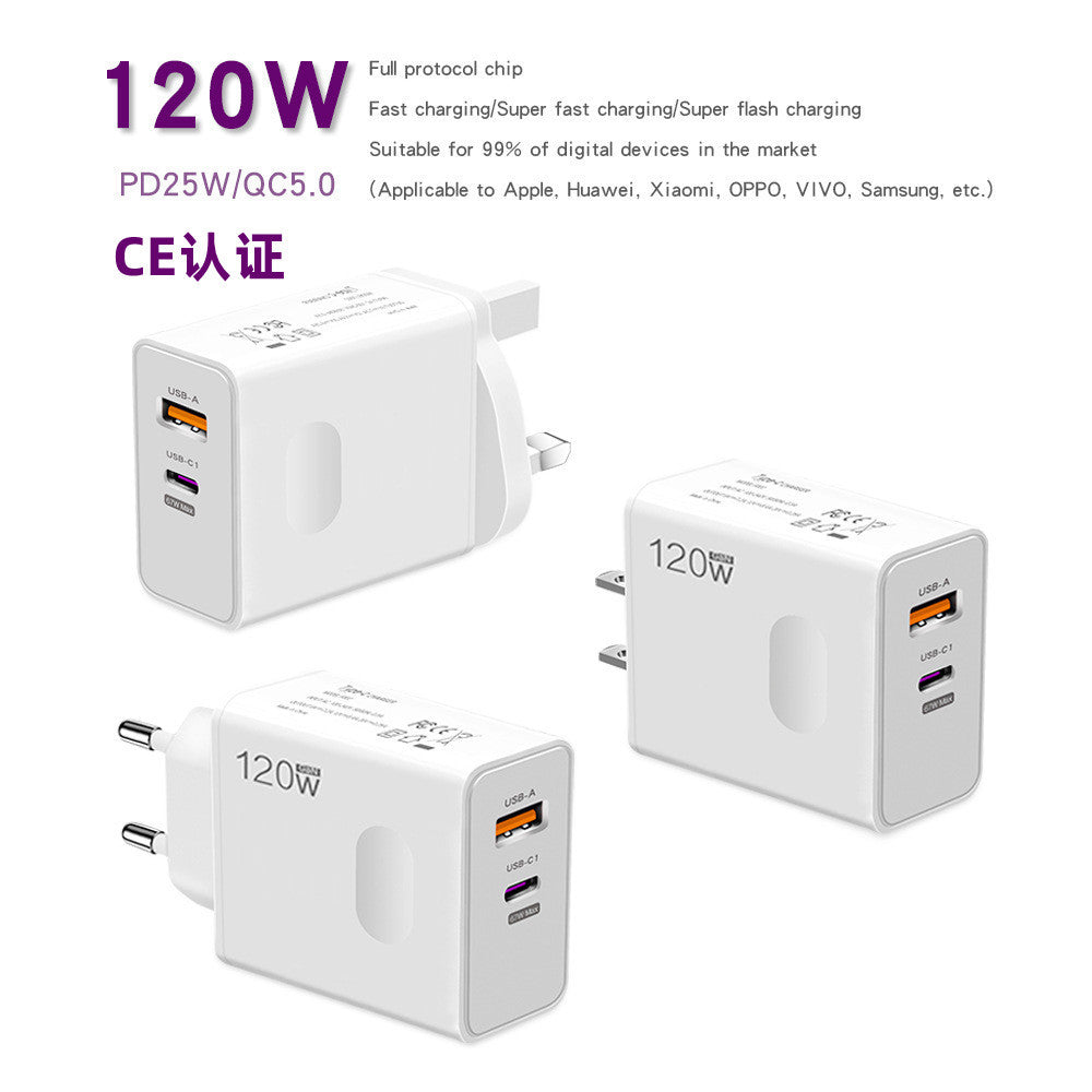 120W Super Fast Charging Flash Charging European And American British Standard Mobile Phone Charger For Apple 15 Huawei Xiaomi Charging Head